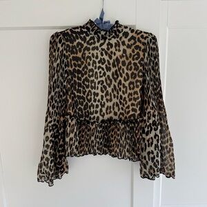 Ganni Leopard Print Peplum Blouse - Brown & Black XS Sz 32